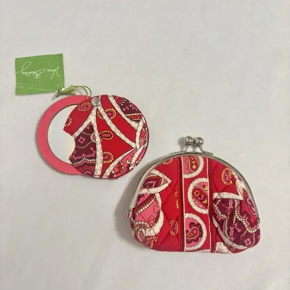 Vera Bradley Double Kiss Kisslock Coin Change Purse & Mirror Retired Rosy Posies - Picture 2 of 5